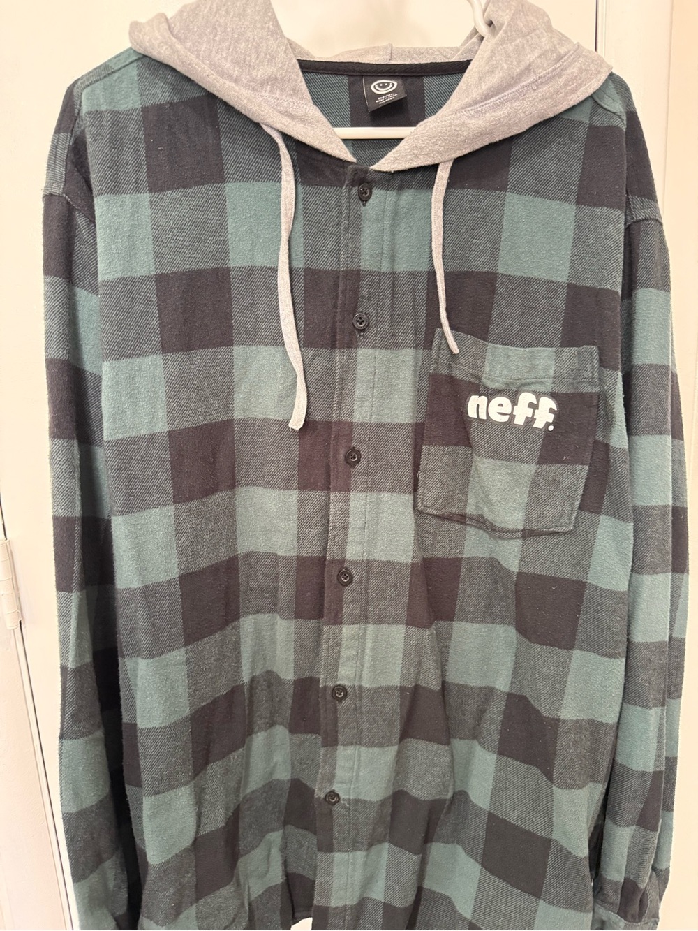 Neff Teal and Black Plaid Button-Down Hooded Flannel Shirt
